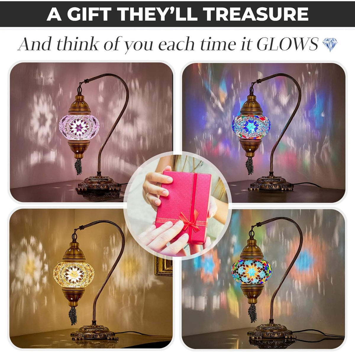 DEMMEX Turkish Moroccan Mosaic Table Lamp – Handcrafted Tiffany-Style Colorful Glass Swan Neck Bedside, Desk, Table Light, Boho Artisan Accent Lighting for Bedroom or Living Room – 15" H, Pink