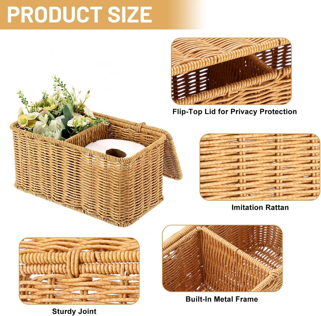 Sumnacon Wicker Storage Basket with Lid, Rectangle Bathroom Narrow Baskets