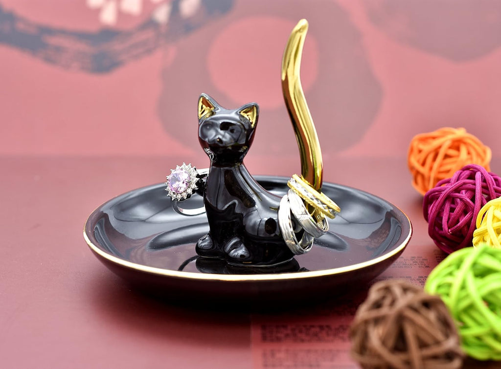 Happy Cat Posture Ring Holder Jewelry Storage Dish Trinket Tray Decorative Black/Golden Tail.