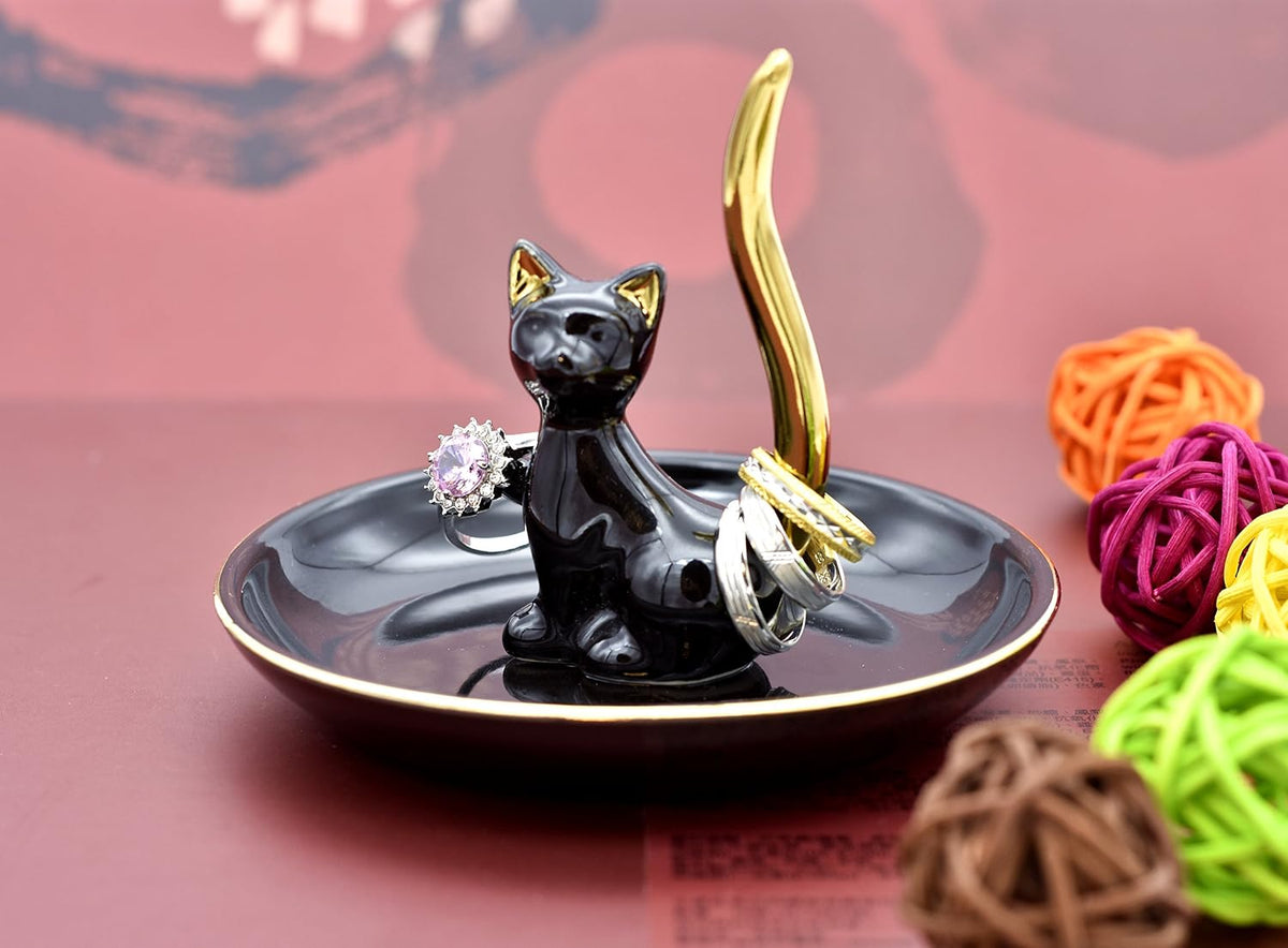 Happy Cat Posture Ring Holder Jewelry Storage Dish Trinket Tray Decorative Black/Golden Tail.