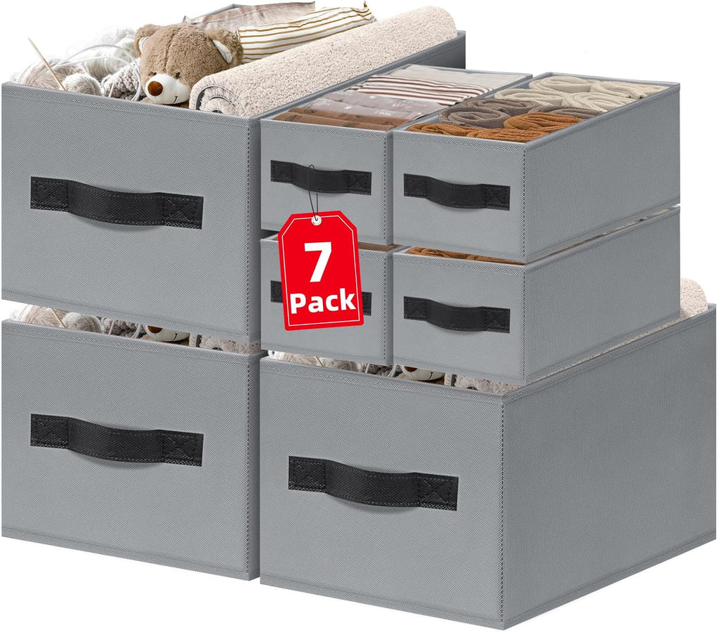 7 Pack Closet Organizers Bins, 2 Sizes Closet Shelf Organizer with Handles - Fabric Home Organization and Storage Baskets for Organizing Clothes Toys Blanket Towel Purse