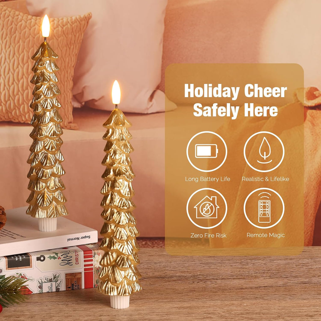 Eywamage Gold Christmas Tree Flameless Taper Candles with Remote Set of 2