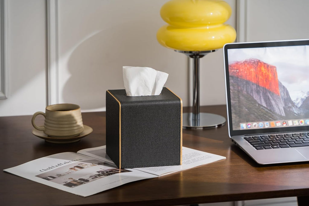Ukwell Square Tissue Box Cover Linen-Textured Faux Leather Tissue Holder with Gold Trim Modern Home Decor Piece for Home & Office