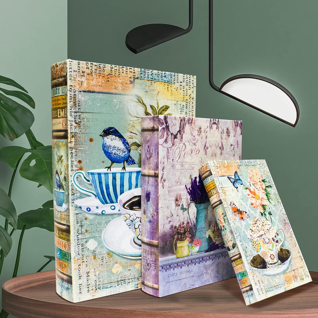 Fake Book Storage Box Decorative Flower Bird Pattern Set of 3