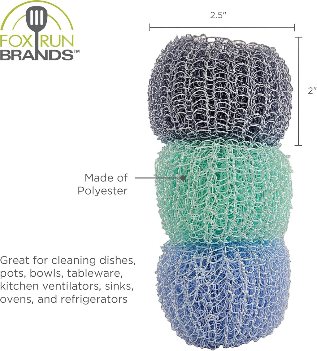 Fox Run Mesh Dish Scrubber Set, 3 Multicolor Polyester Kitchen Cleaners