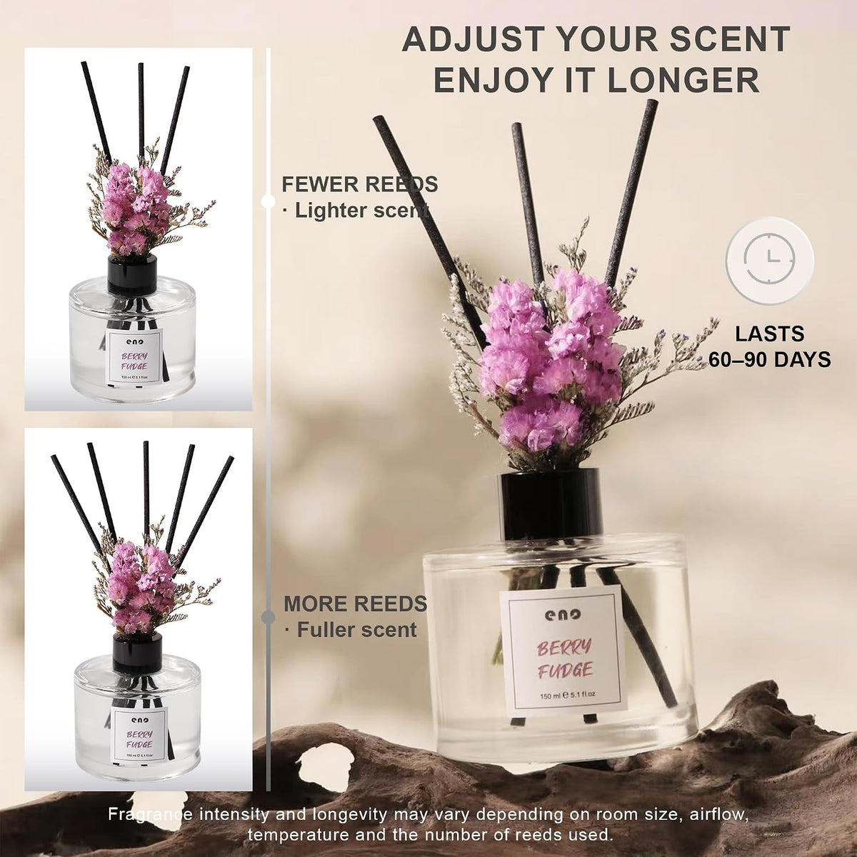 Reed Diffuser Set with Dried Flowers, 5.1 fl oz / 150ml, Berry Fudge - Home Fragrance Diffuser with Sticks for Bathroom Shelf Decor, Bedroom, Office & Gift