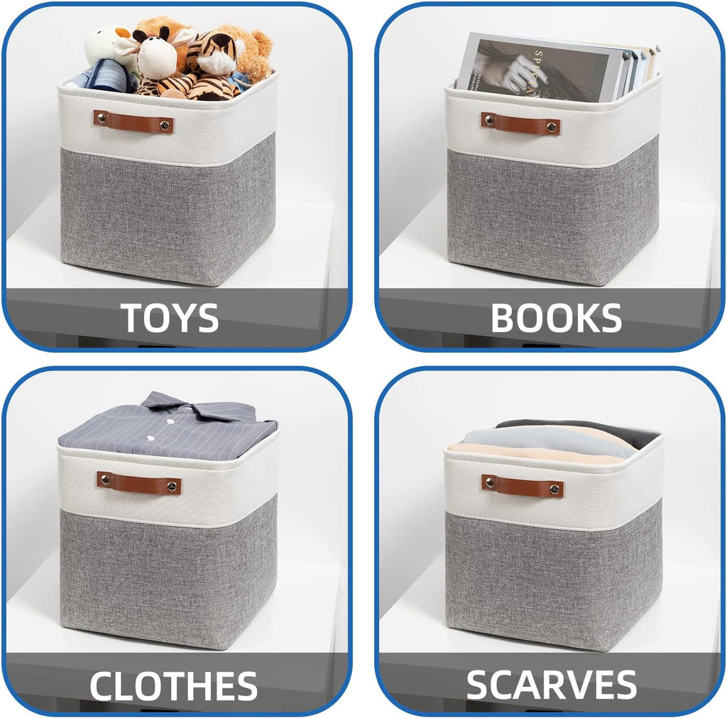 Temary 12 Inch Storage Baskets Foldable Fabric Storage Cubes 4PCs Storage Bins Organizer with Handles, Baskets for Organizing Clothes, Towels (White & Grey, 12 x 12 x 12)