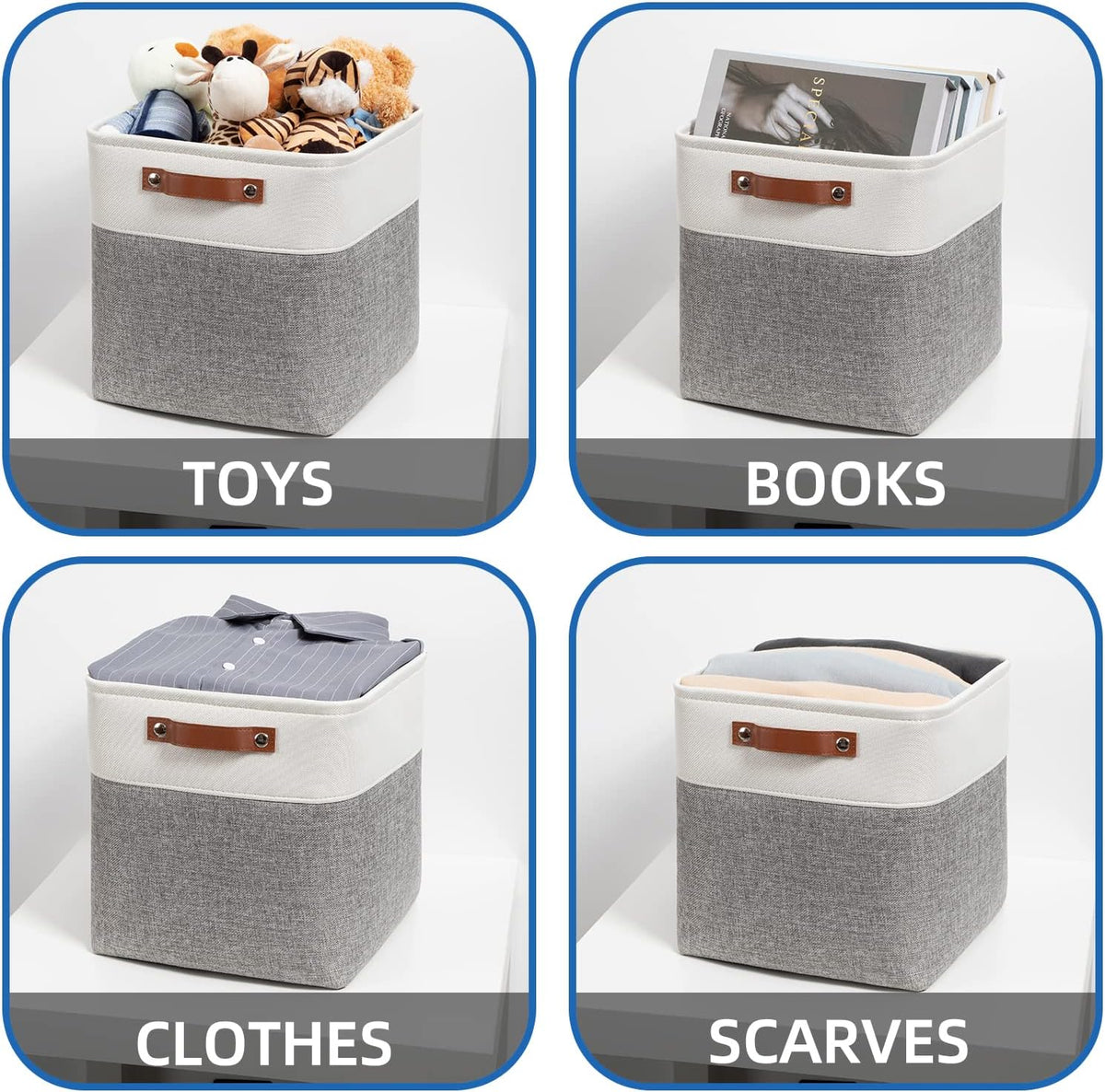 Temary 12 Inch Storage Baskets Foldable Fabric Storage Cubes 4PCs Storage Bins Organizer with Handles, Baskets for Organizing Clothes, Towels (White & Grey, 12 x 12 x 12)