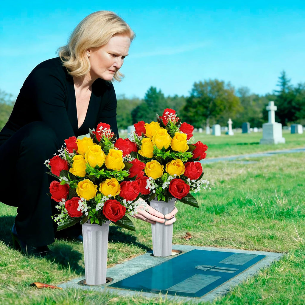 Set of 2 Artificial Cemetery Flowers with Vase, Artificial Grave Flowers Outdoor Memorial Rose Bouquets for Cemetery Headstone Graveyard Decor (Red Yellow)