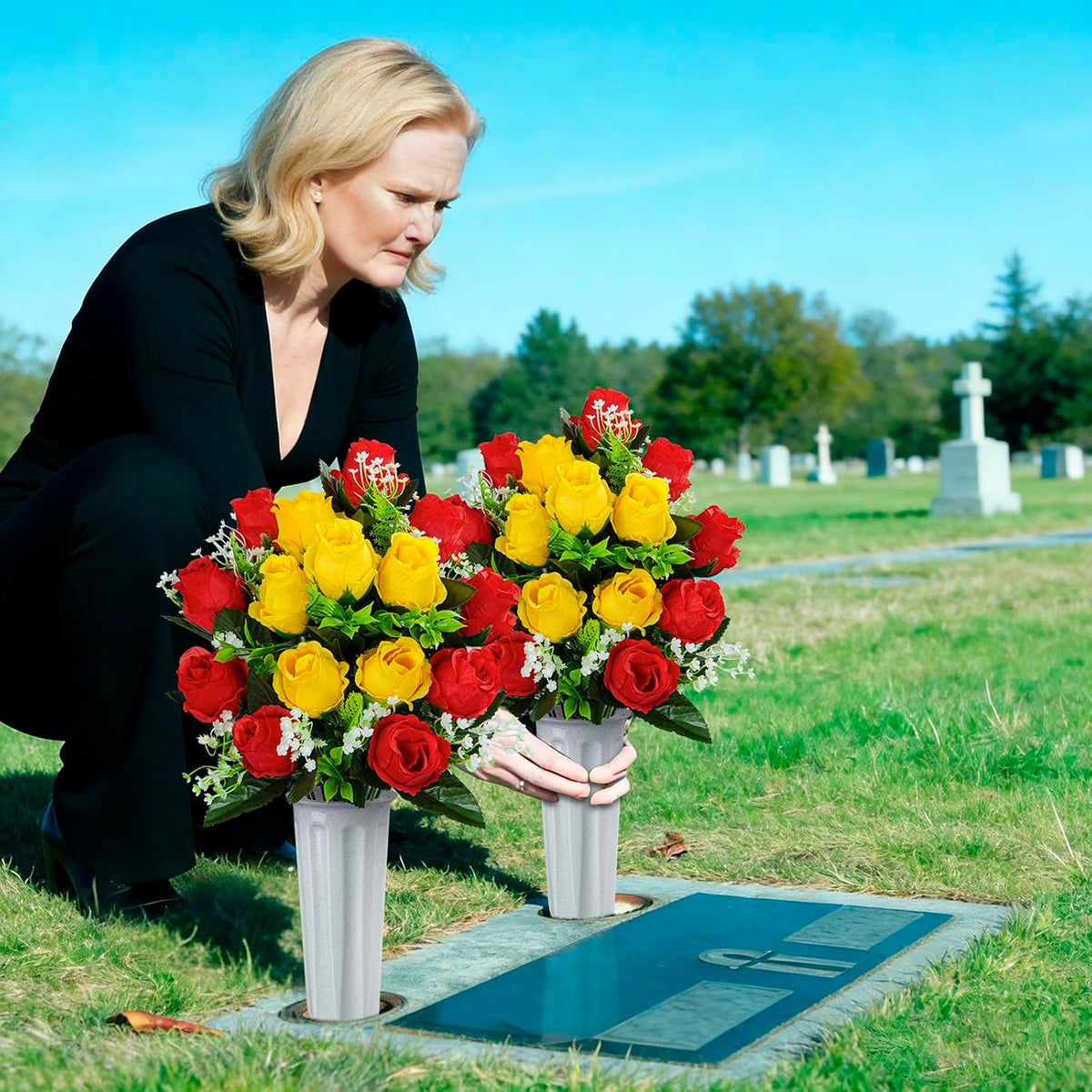 Set of 2 Artificial Cemetery Flowers with Vase, Artificial Grave Flowers Outdoor Memorial Rose Bouquets for Cemetery Headstone Graveyard Decor (Red Yellow)