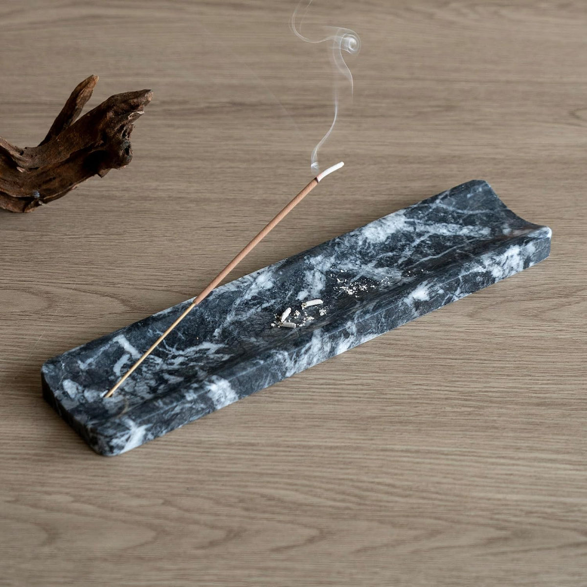 Marble Incense Holder Burner-Natural Stone Stick Incense Tray with Ash Catcher，20 Sticks & Brush - Elegant Decor for Meditation, Yoga, Home,Gift (Black)