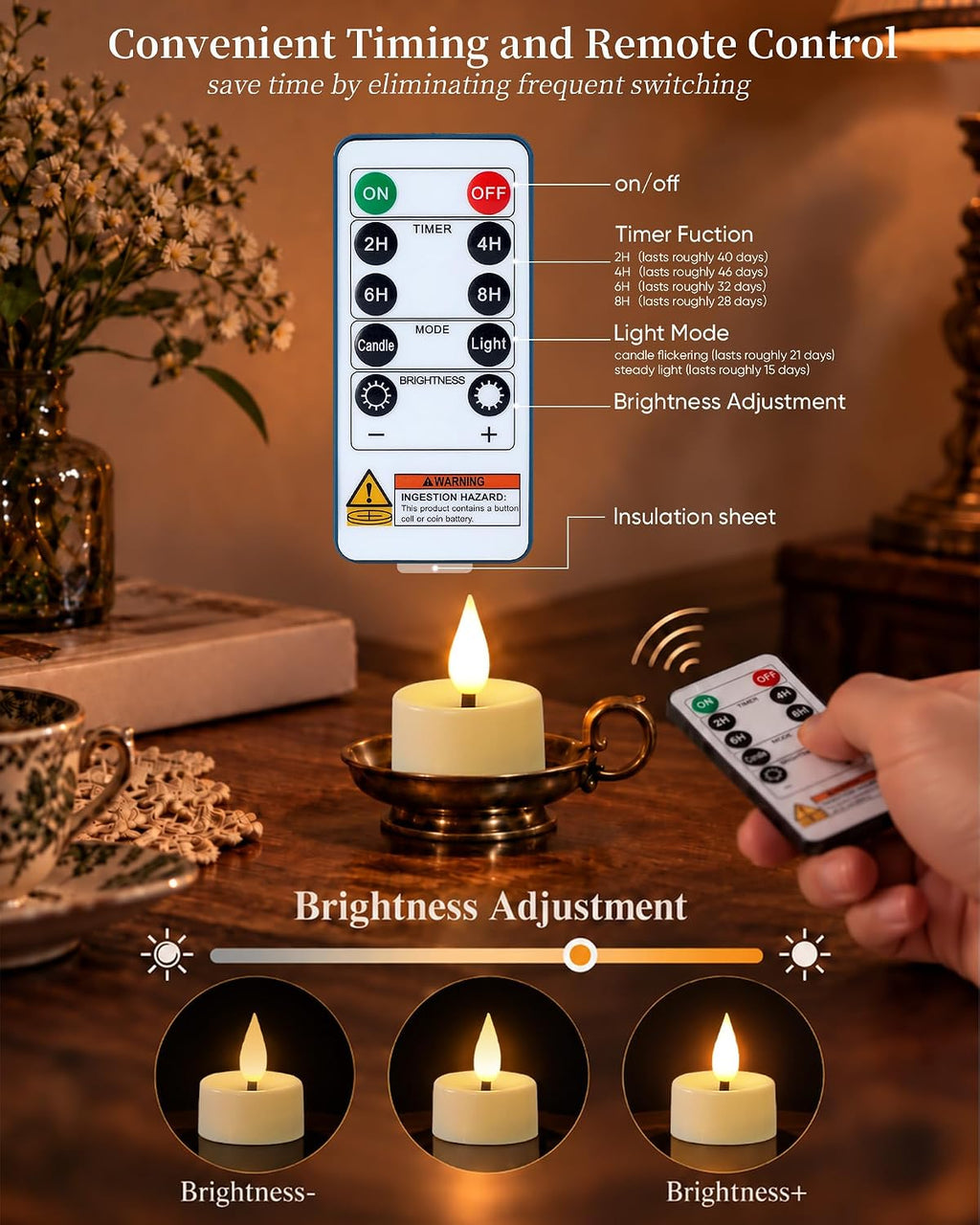 Amagic 12Pcs Flameless Timer Remote 3D Black Wick Tealights Candles, White