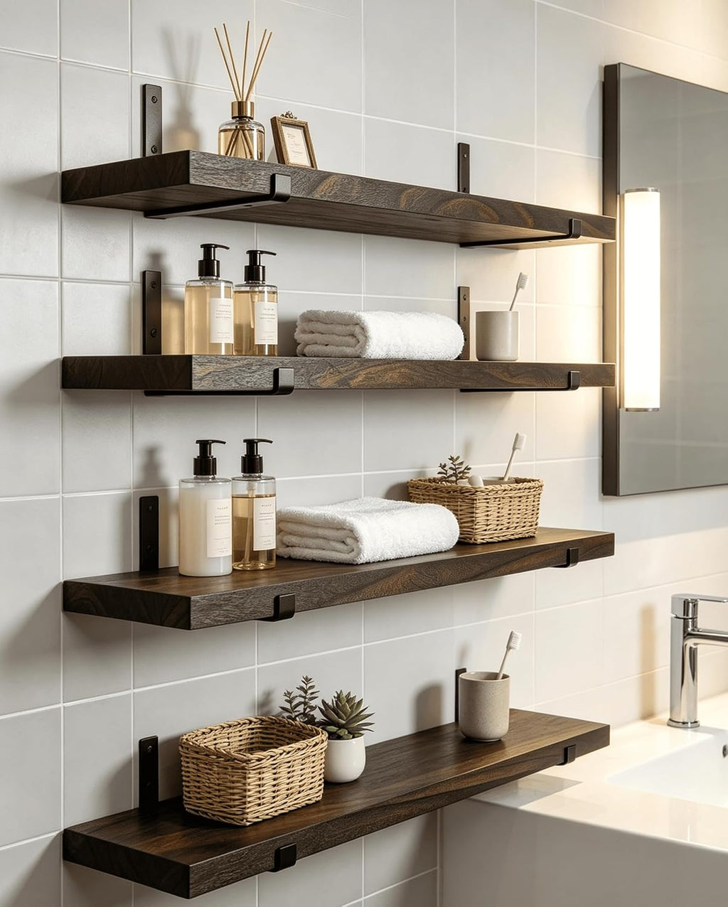 Rustic Wood Floating Shelves Farmhouse Wooden Wall Shelves for Bathroom Bedroom Living Room Kitchen Office Set of 4 Brown 24 Inch