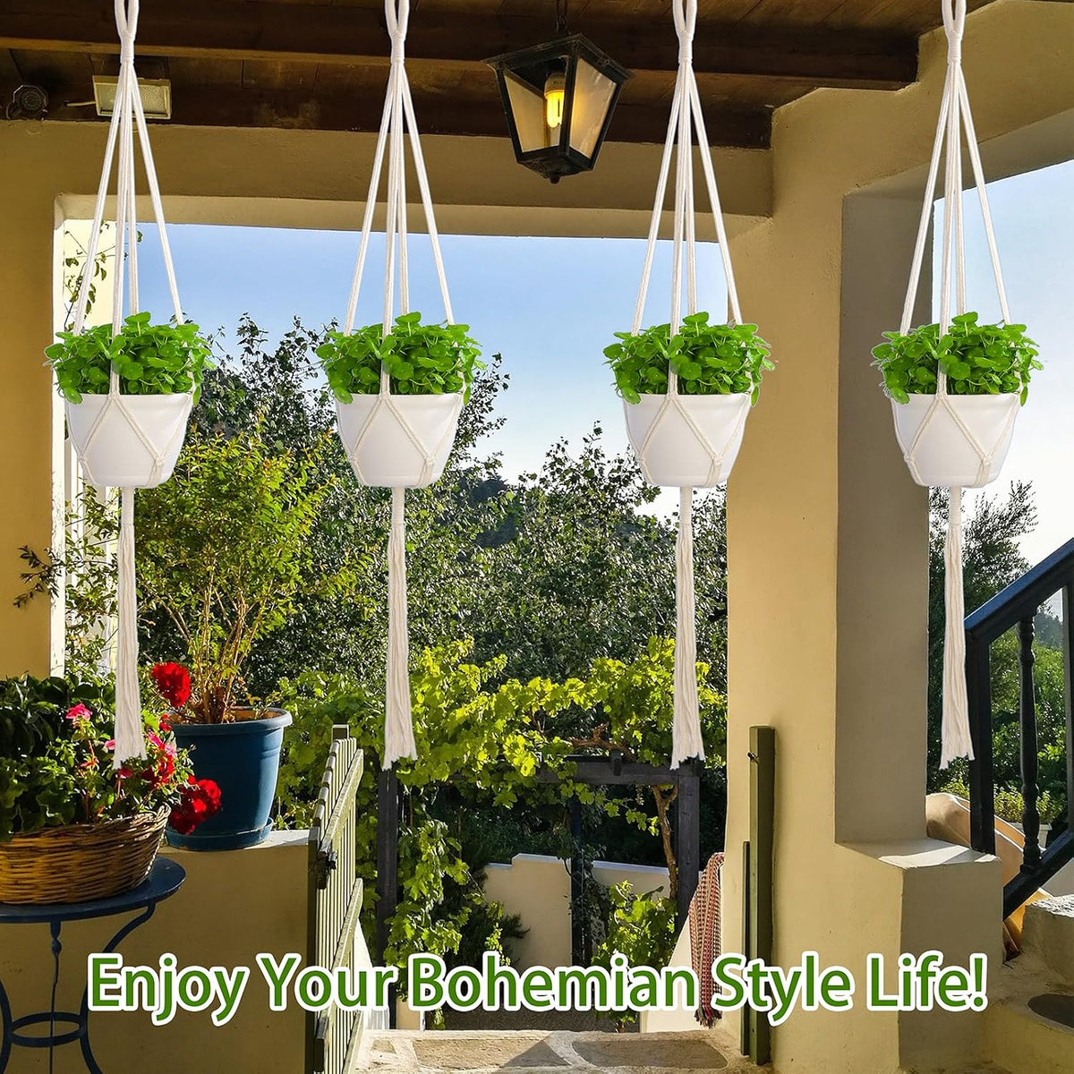 4 Pack Macrame Plant Hangers Indoor Set Large Crochet Hanging Holder, Ivory