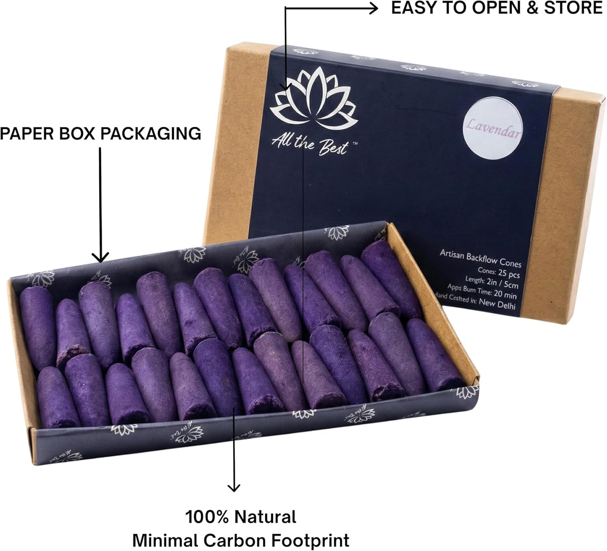 All the Best Premium Backflow Incense Cones Gift Box - 25 Large Waterfall Cones for Backflow Burner, 2 Inch Hand-Rolled, 30+ Min Burn, Meditation, Aromatherapy, Yoga & Reiki (Lavender)