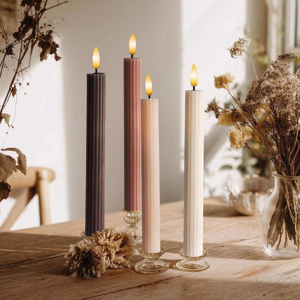 Coordinated Chocolatey Mocha Brown 4 Pack, 10" Real Wax LED Flameless Fluted Ribbed Grooved Taper Candles, Remote & Timer Memory, On/Off Button, Dimmable, Battery Operated, Menorah Wedding