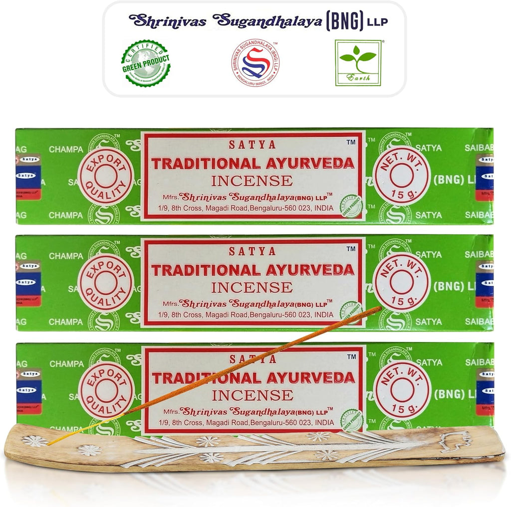 Satya Traditional Ayurveda Incense Sticks, Satya Bng (Bangalore) Insenses 15gmx3 Pack with Raajsee Incense Holder Bundle, Satya Nagchampa Natural Incense
