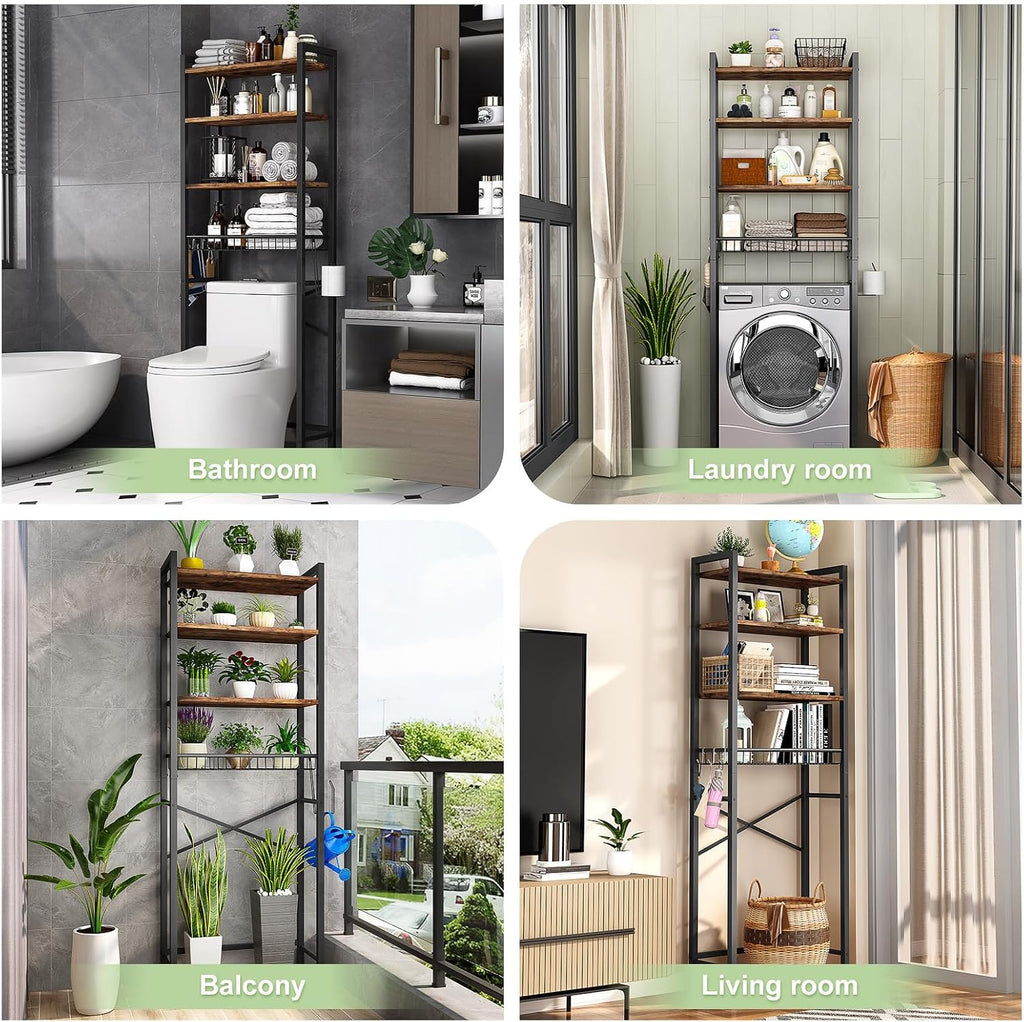 Kalrin Over-The-Toilet Storage Rack, 4-Tier Bathroom Organizer Shelf Over Toilet with Adjustable Shelf and Basket, Freestanding Space Saver Bathroom Shelves Above Toilet for Room (Vintage Brown)