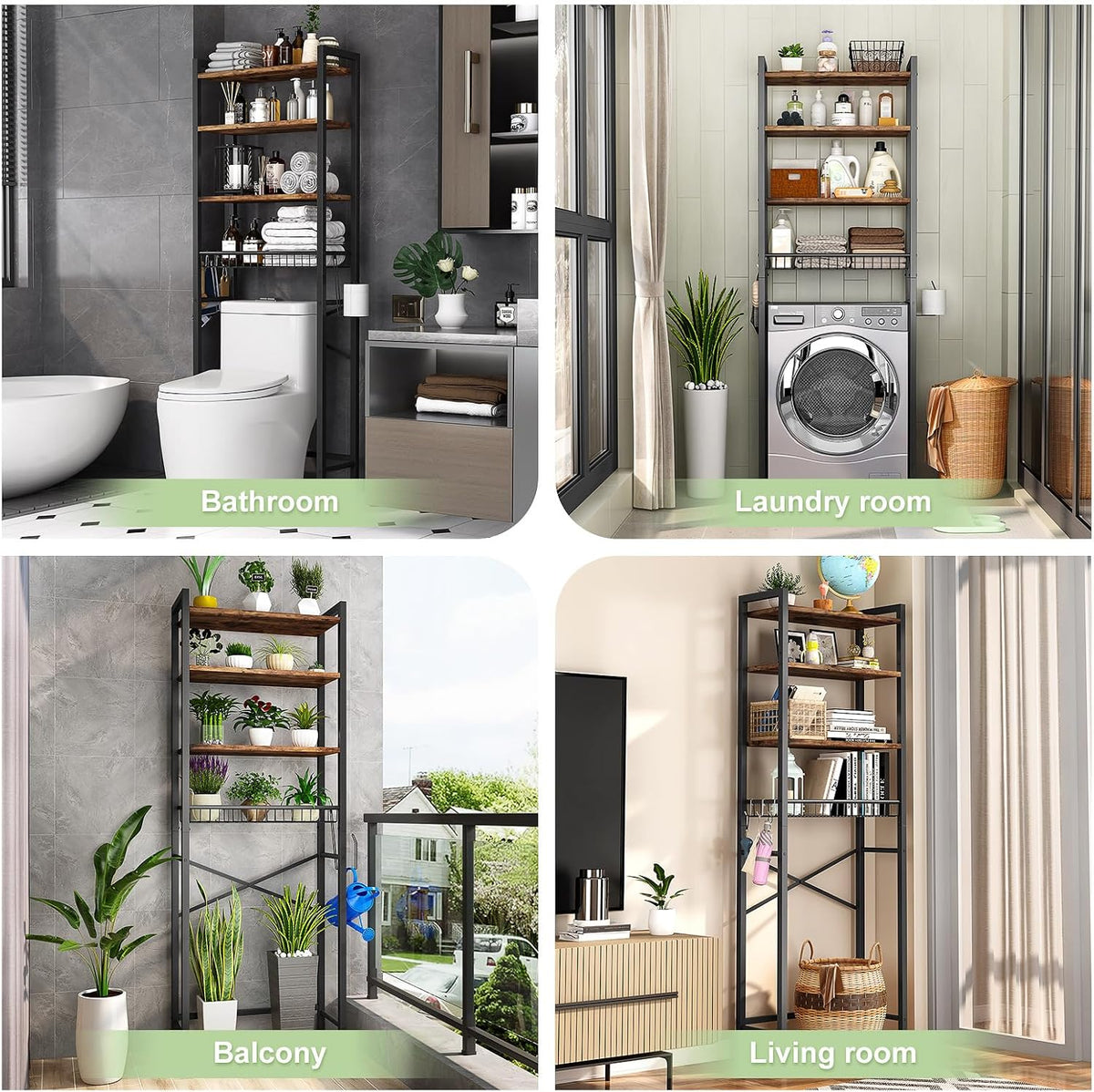 Kalrin Over-The-Toilet Storage Rack, 4-Tier Bathroom Organizer Shelf Over Toilet with Adjustable Shelf and Basket, Freestanding Space Saver Bathroom Shelves Above Toilet for Room (Vintage Brown)