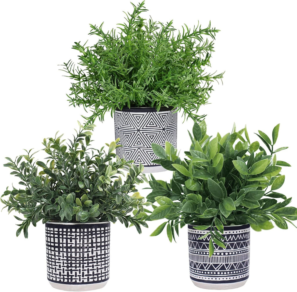 Winlyn Set of 3 Small Potted Plants Artificial Eucalyptus Rosemary Boxwood Plants in Black and White Geometric Pots for Table Centerpiece Kitchen Counter Windowsill Indoor Outdoor Garden Greens Decor