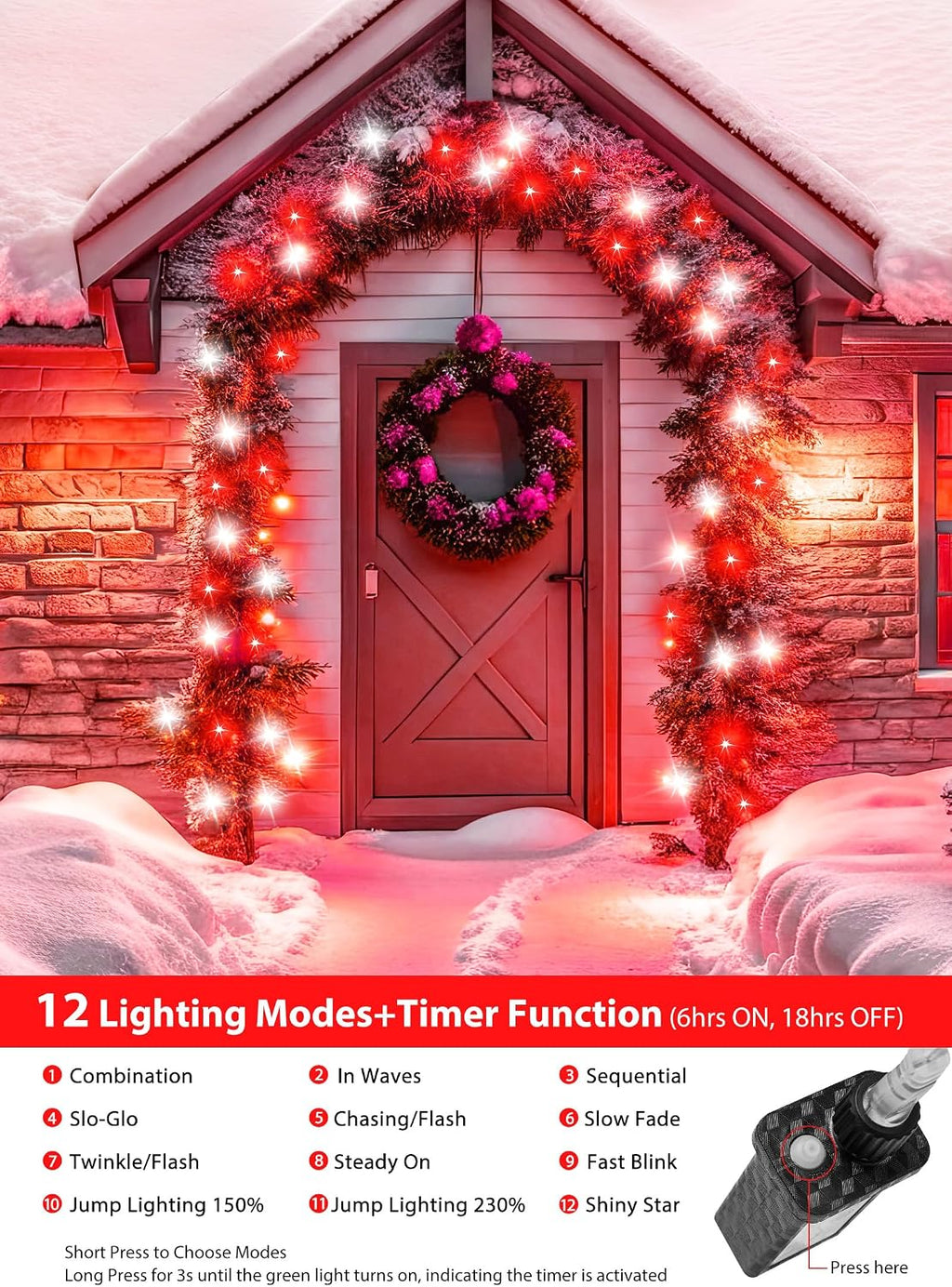 Minetom Christmas Lights Outdoor Cluster Lights - 200 LED 10 Ft Christmas Firecrackers String Lights, 12 Modes Timer Waterproof Connetable Plug in Twinkle Fairy Lights for Xmas Tree Party, Red＆White