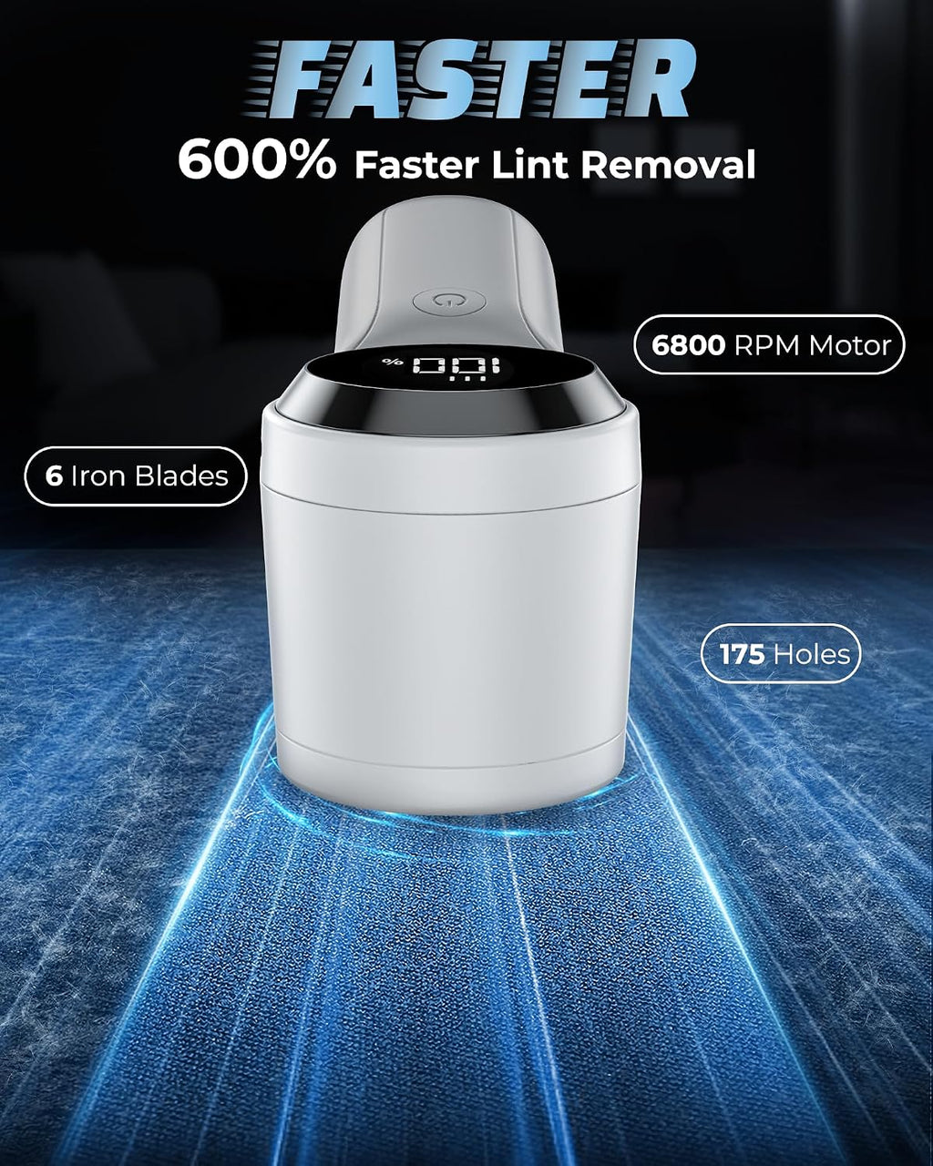 FrSara Fabric Shaver, Rechargeable Lint Remover, 3-Speed Electic Lint Shaver, 6-Blade Sweater Shavers to Remove Pilling, Battery Powered with LED Display for Furniture,Clothes, Upholstery, White
