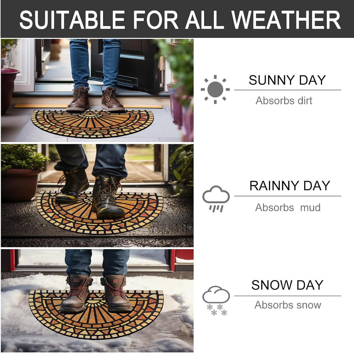 CHICHIC Front Door Mat 18"x30" Outdoors Heavy Duty Rubber Mat, Semicircle