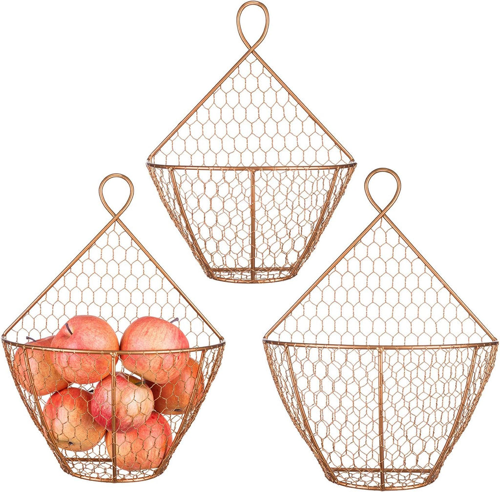 MyGift Set of 3, Farmhouse Copper Metal Wire Mesh Wall Hanging Baskets, Wall-Mounted Storage Basket, Decorative Kitchen Fruit Wall Basket Produce Holder