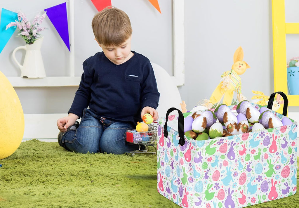 Easter Storage Basket Eggs Bunny Flower Cube Kids Waterproof Storage Bins Organizer,Foldable Closet Shelf Baskets with handles for Women,Nursery Hamper Toy Gifts Box,Room Decorations