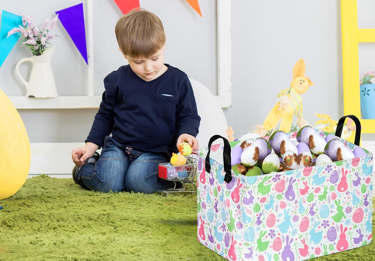 Easter Storage Basket Eggs Bunny Flower Cube Kids Waterproof Storage Bins Organizer,Foldable Closet Shelf Baskets with handles for Women,Nursery Hamper Toy Gifts Box,Room Decorations
