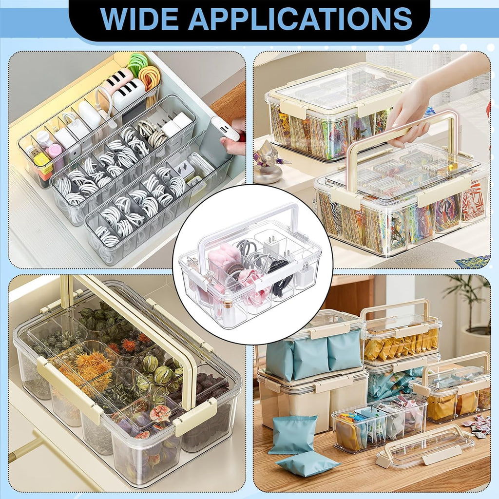 Large Cable Storage Box with Lid Clear Power Cords Organizer 4 Adjustable Dividers Case Desktop Cable Management Box for Home Office Phone Charger Art Crafts Stationery (White)