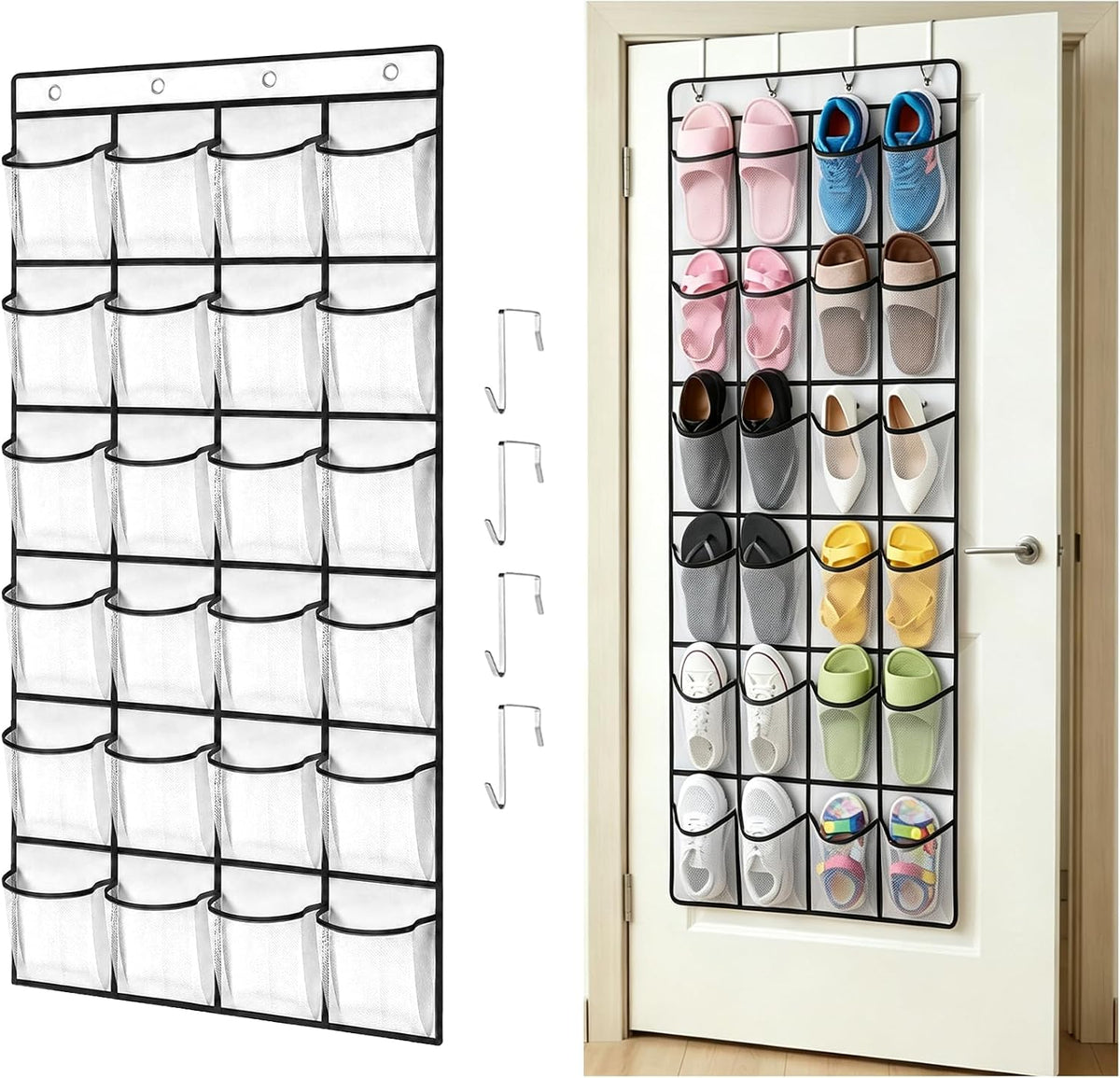 24 Pockets Over The Door Shoe Organizer, Large Breathable Mesh Hanging Shoe Rack with 4 Metal Hooks, Space Saving White Over Door Shoe Storage Holder Mesh Bag for Closet Entryway Bedroom Pantry
