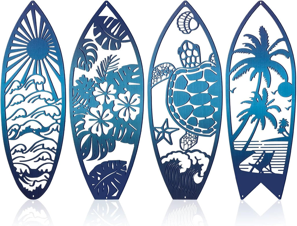 Therwen 4 Pcs Metal Surfboard Wall Decor, Tropical Beach Palm Turtle, Blue