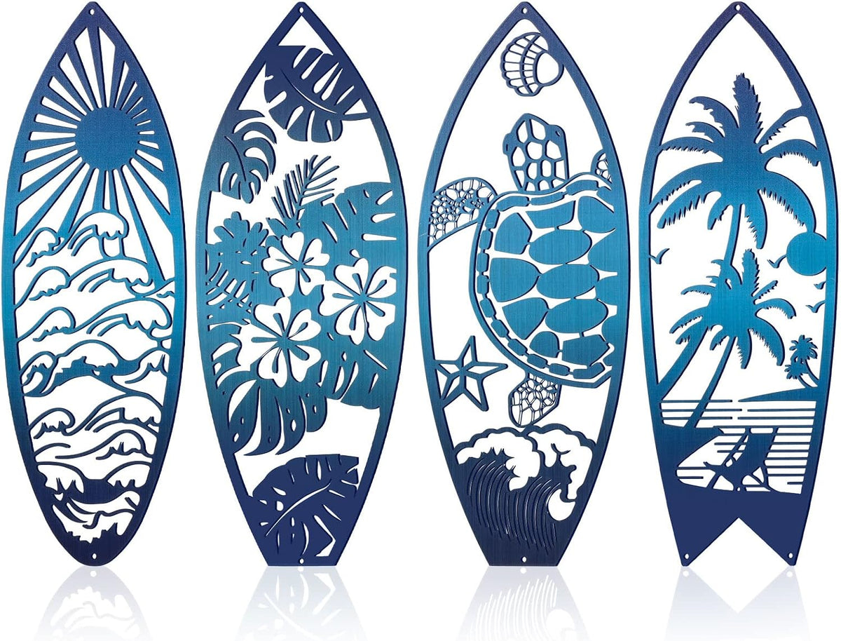 Therwen 4 Pcs Metal Surfboard Wall Decor, Tropical Beach Palm Turtle, Blue