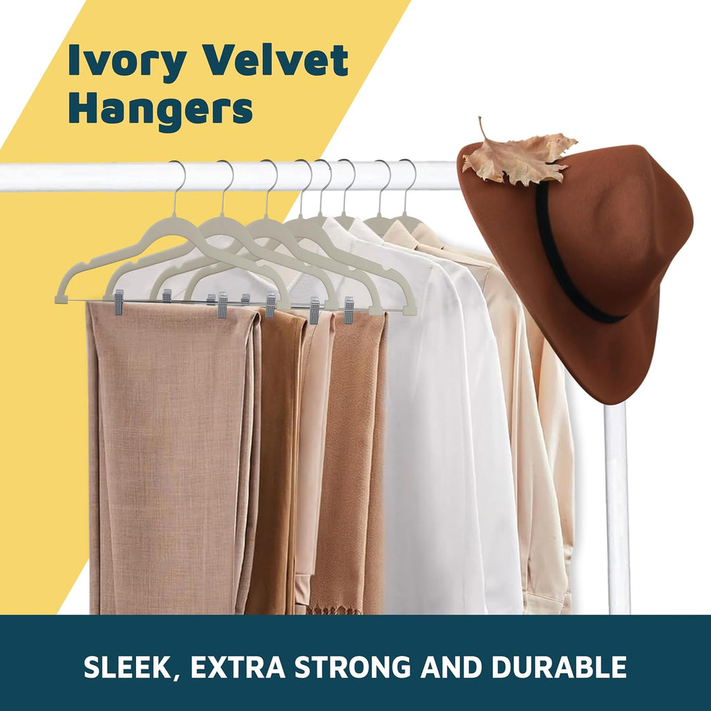Lifemaster Velvet Skirt Hangers – with Adjustable Clips, 360 Degree Swivel Hook, and Non-Slip Shoulder Notch, Holds Up to 10 lbs, for Organizing Skirt, Pants, Dress, and Clothes, Pack of 50, Ivory
