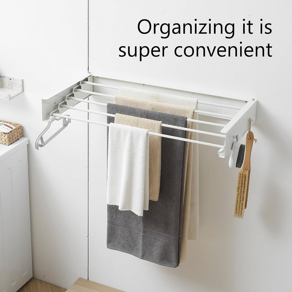 RFOUO Wall Mounted Clothes Drying Rack,White 31.5" with Hooks