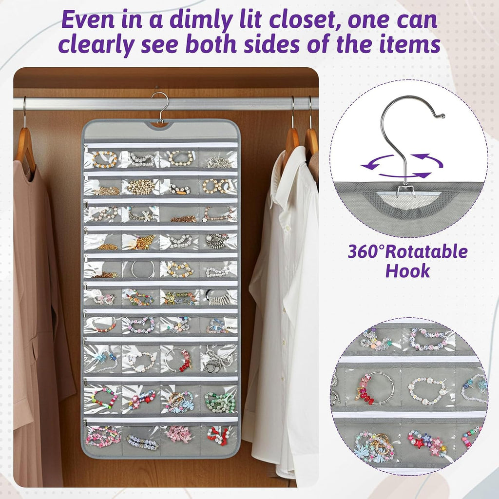 2 Pack Hanging Jewelry Organizer with 80 Zippered Pockets, Dual-Sided Dustproof Foldable for Travel, Accessories Organizer for Holding Jewelries, Earring Organizers and Storage