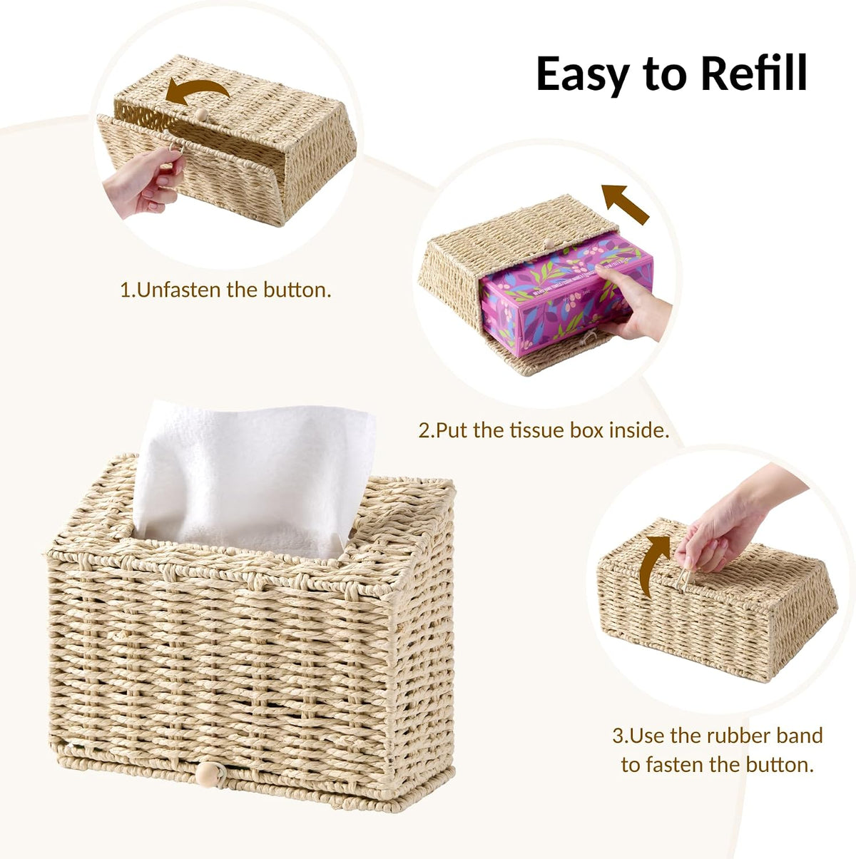 Hand Towel Box Cover, Designed for Kleenex Disposable Hand Towels, Paper Rope Tissue Box for Bathroom, Powder Room, Bedroom (Off-White)