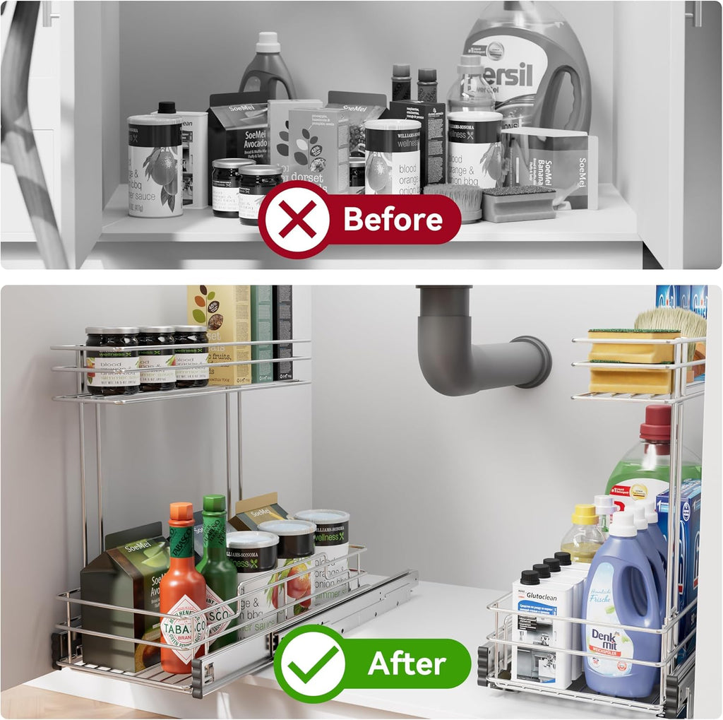 2 Pack Under Sink Organizer 9"W X17"D, Pull Out Cabinet Organizer 2 Tier,