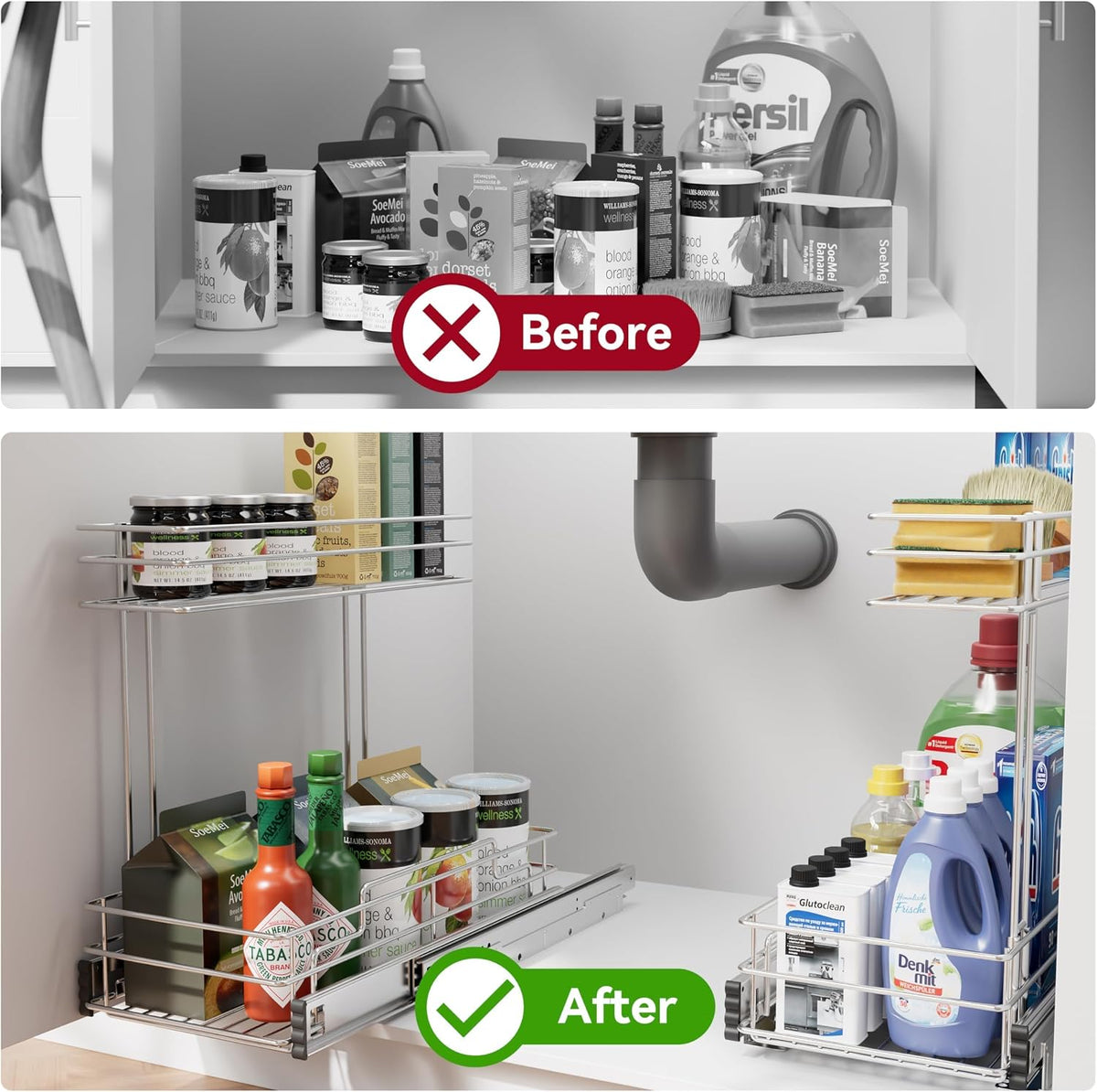 2 Pack Under Sink Organizer 9"W X17"D, Pull Out Cabinet Organizer 2 Tier,