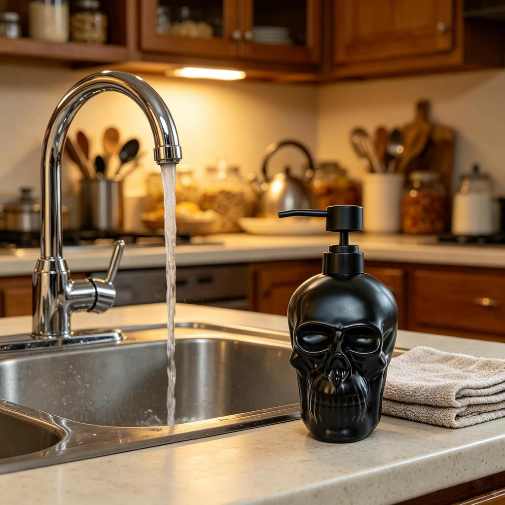 Ceramic Skull Soap Dispenser, Refillable Halloween Liquid Hand Soap Dispenser for Bathroom and Kitchen, Halloween Skull - Black
