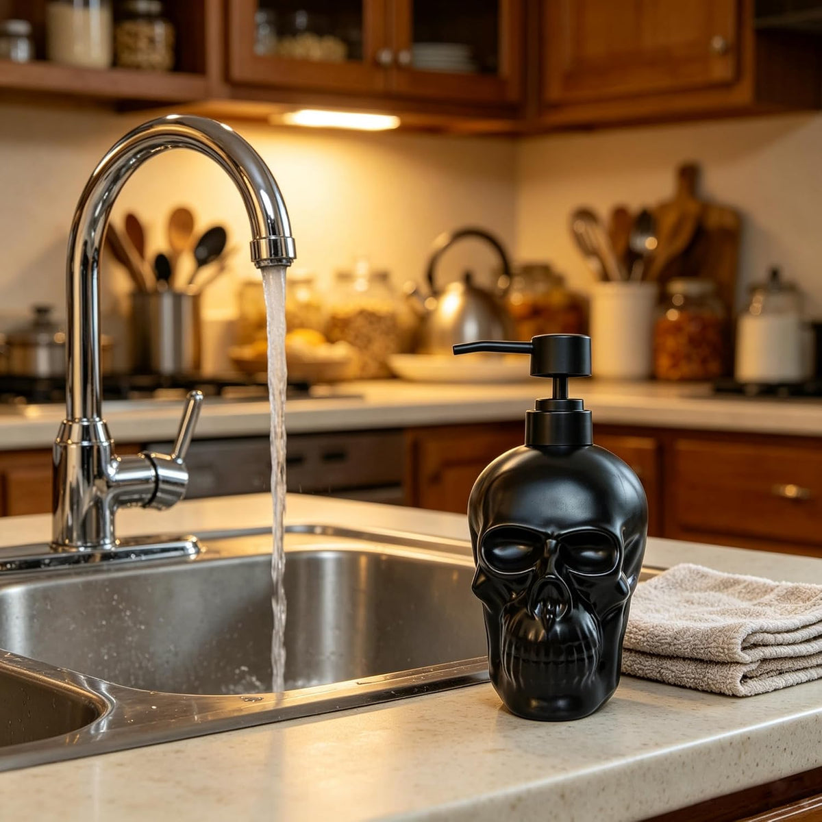 Ceramic Skull Soap Dispenser, Refillable Halloween Liquid Hand Soap Dispenser for Bathroom and Kitchen, Halloween Skull - Black