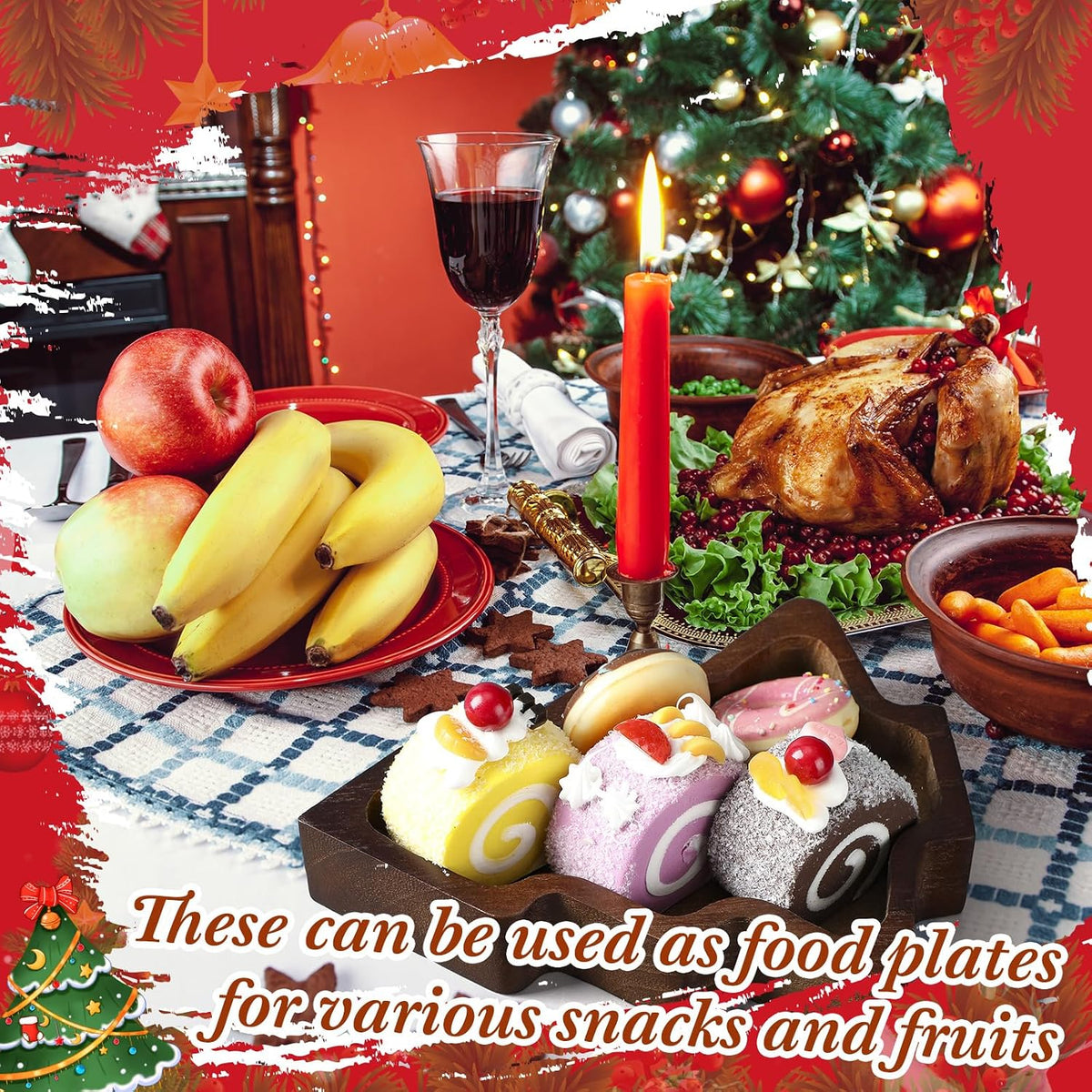 Jingmore 12 Pcs Christmas Tree Christmas Wooden Bowl Tray Rustic