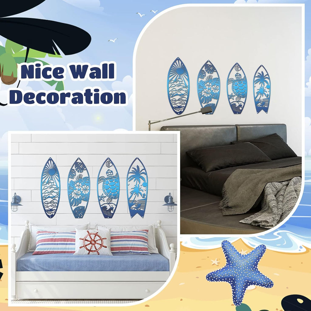 Therwen 4 Pcs Metal Surfboard Wall Decor, Tropical Beach Palm Turtle, Blue