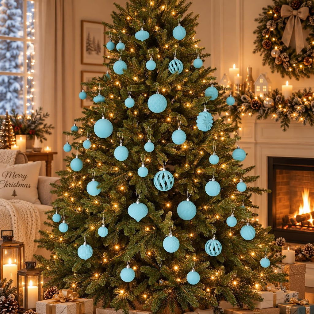 47 Pcs Velvet Christmas Ball Ornaments, Light Blue, 3 Sizes, Mixed Shapes