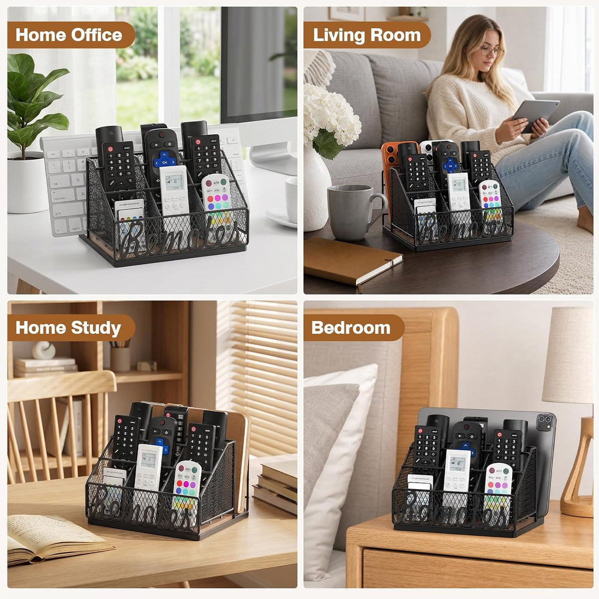 9-Slot Remote Control Holder, Farmhouse Remote Caddy, Brown+Black