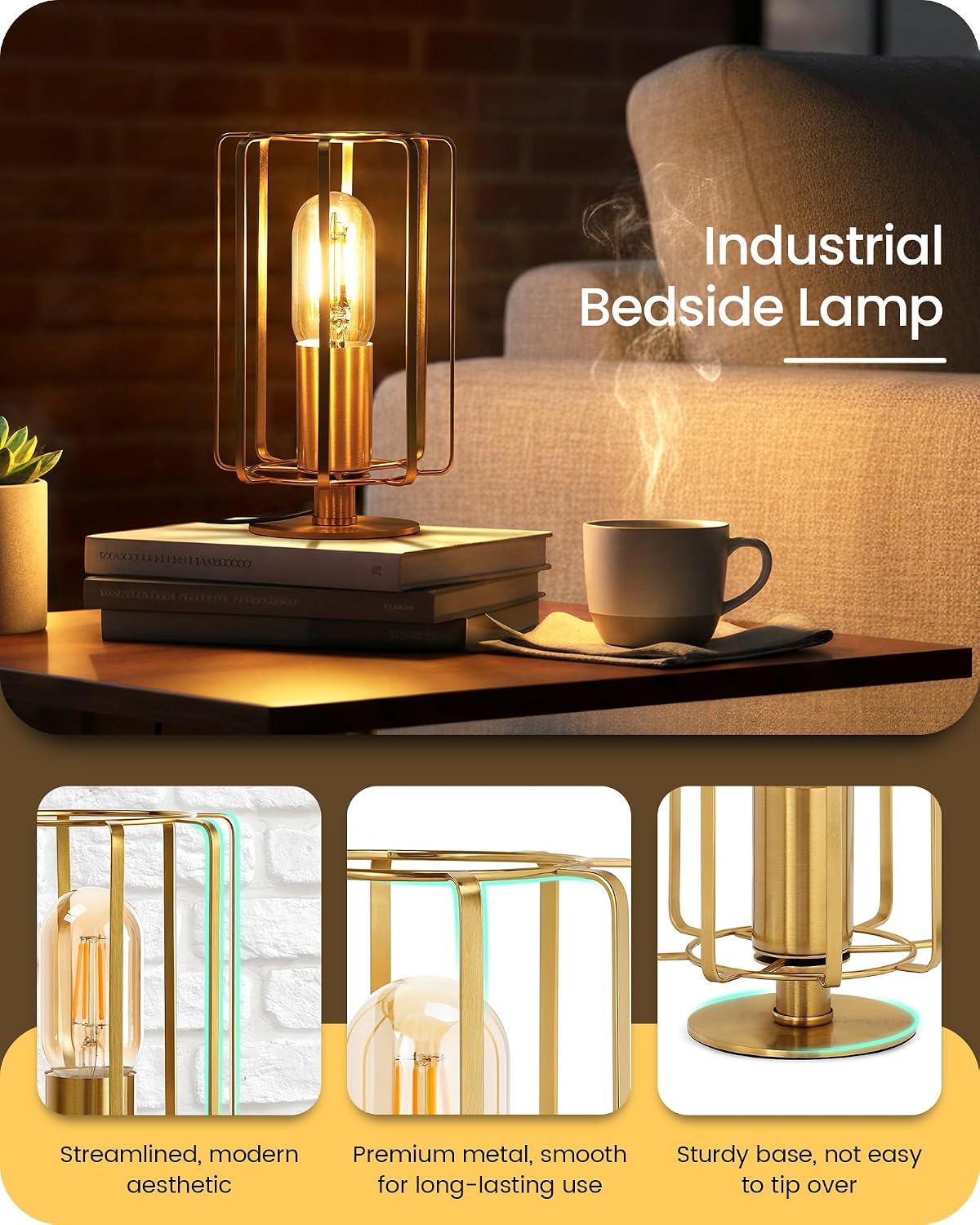 Industrial Table Lamp, 8.5" Small Brass Table Lamp with Dimmable 2400K Warm Light LED Bulb, Vintage Brass Desk Lamp, Gold Bedside Lamp for Bedroom, Study, Office, Small Space, D05TL05