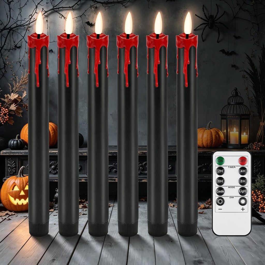 Dusk&Decorum 6 Pack Halloween Tapered Candles with Remote, Black Halloween Flameless Candles with Red Dripping Wax, Battery Operated LED Halloween Candles for Table, Mantel & Indoor Decor