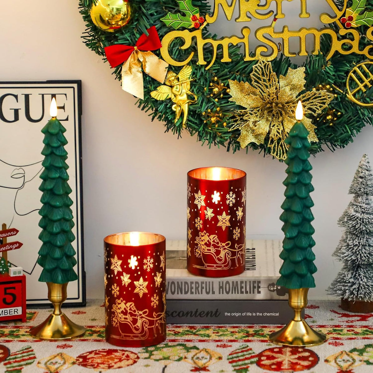 Lezonic Christmas Flameless Candles with Remote, Green Christmas Tree Flickering Battery Operated Window Candlesticks, Red Glass Xmas New Year Decorations Gifts, Set of 4 Real Wax LED Candles