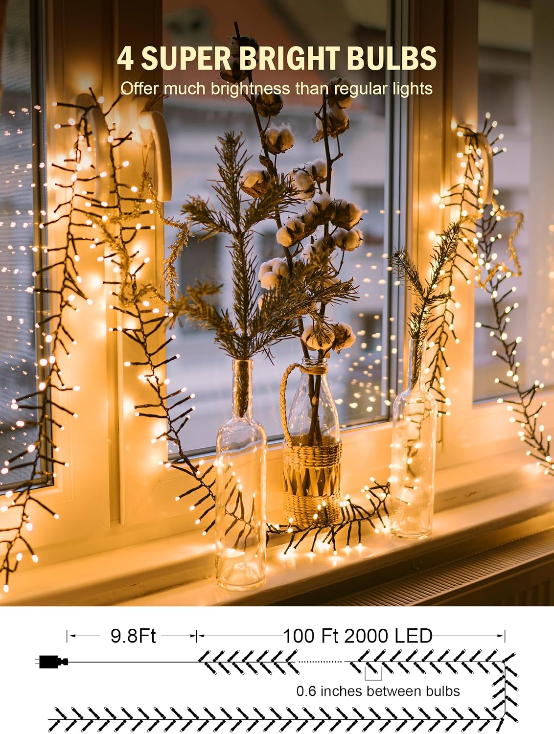 Brightown Christmas Tree Cluster Lights - 2000 LED 100 Ft Firecrackers String, 12 Modes Timer Remote Waterproof Plug-in Twinkle Fairy for Outdoor Xmas Tree Garland Party